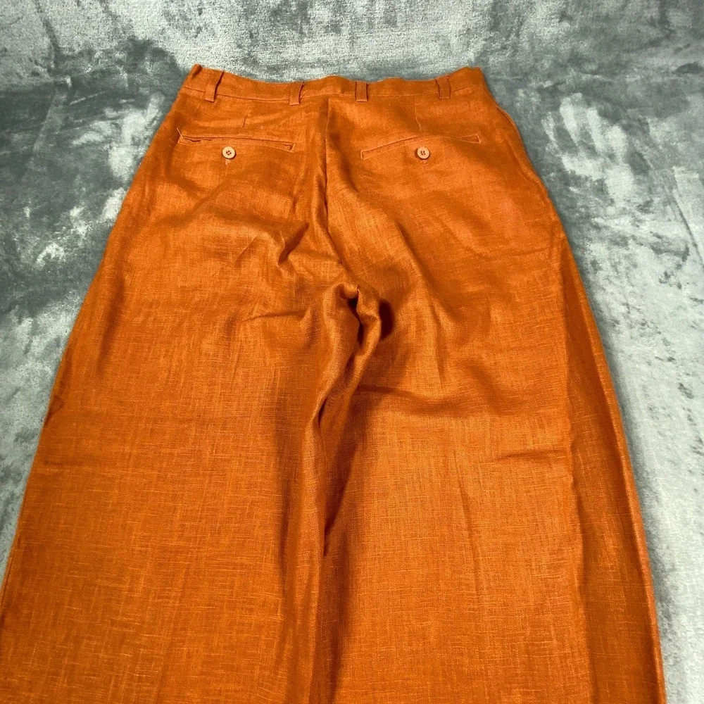 Mens 100% Linen Pants Sz 32x31 Wide Leg High Waist Straight Trouser Burnt Orange